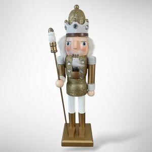 Gold Glitter Nutcracker King 14 Inch Christmas Holiday Decor Wooden Figure Staff